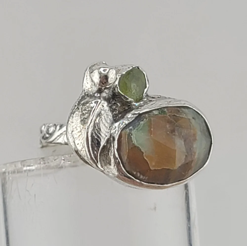 PERUVIAN OPAL & CRYSTAL LEAF RING HANDMADE IN STERLING SILVER METAL 5
